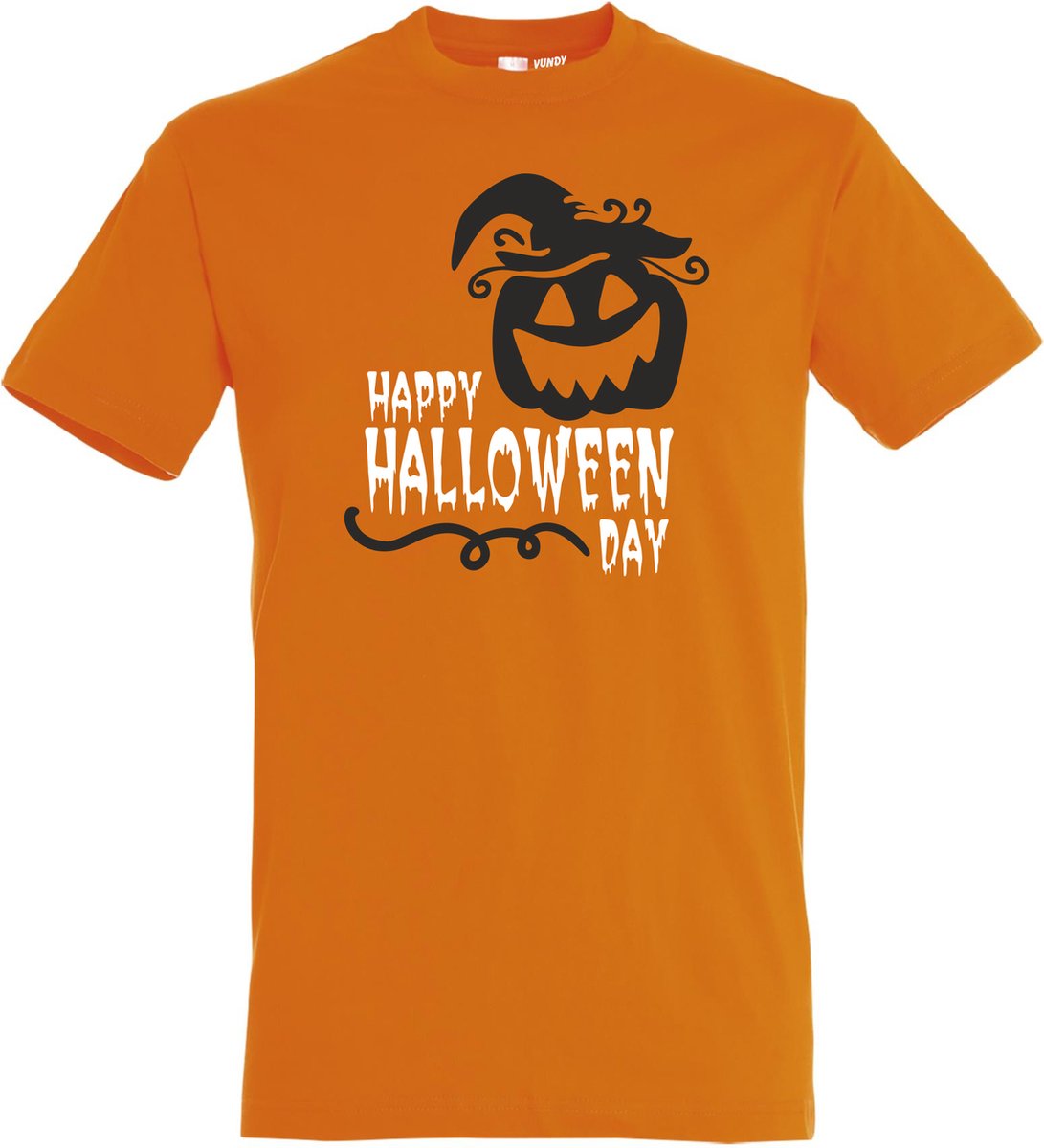 T-shirt Happy Halloween Day | Halloween kostuum kind dames heren | verkleedkleren meisje jongen | Oranje | maat 5XL